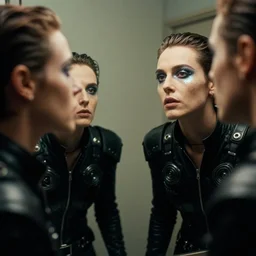 cinestill 5 0 d candid photographic portrait by stanley kubrick of a feminine man wearing rugged black techwear and glitter makeup looking in the bathroom mirror, cramped new york apartment, medium closeup, retrofuturism cyberpunk emotional cinematic, light and shadows, 8 k, hd, high resolution, 3 5 mm, f / 3 2, ultra realistic faces
