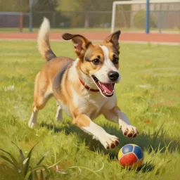 Painting of an excited dog trying to chase a ball trying to bite the ball in a playground running through the grass, intricate, elegant, highly detailed, centered, digital painting, warm lighting, artstation, concept art, smooth, sharp focus, illustration, by (Peter Mohrbacher), WLOP