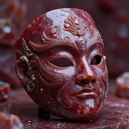 an elaborate intricate mask made of water on an red wine jasper slab, rendered in octane, behance hd, bokeh jasper backdrop