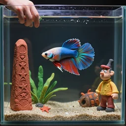 plasticine model in water. siamese fighting fish. clay figure. surreal. tropical fish tank with sand. strange. weird. astrix and obelisk. tintin. hands. wallace and gromit. figures clay. aquatic photography. photorealistic. waiting room