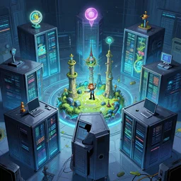 photo cartoon illustration comics manga painting of datacenterenvironement : 6 fantasy environement, digital painting, unreal engine, 8 k, volumetric lighting, contrast by john kirby by carl warner and jim woodring, trending on artstation