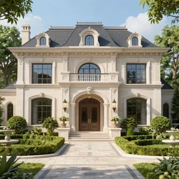 a photorealistic and highly detailed 3 d rendering of a luxurious mansion or estate, with finely manicured gardens and a grand entrance