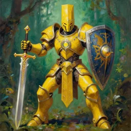 full body, attack position abstract painting in lush fantasy environment of a ornate holy mechanical warforged with circular glowing eye, character in yellow armor holding a legendary paladin engraved holy great longsword and carrying a huge heavy paladin shield, vertically flat head, face in focus, epic , trending on ArtStation, masterpiece,  cinematic lighting, by Ross Tran and by Greg Rutkowski