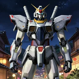 portrait of anime mecha robot armor, japanese town background, starred night sky, sharp details, great lighting, strong shadows, crisp edges, illustration concept art anime key visual trending pixiv fanbox by wlop and greg rutkowski and makoto shinkai and studio ghibli and kyoto animation, alphonse mucha and caravaggio