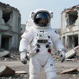 surprised american white spacesuit astronaut in postapocalyptic abandoned destroyed legnica centre, wrecked buildings, destroyed flipped wrecked cars, polaroid photo, vintage, neutral colors, rainy day, by gregory crewdson