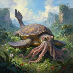 fantasy oil painting, great leviathan, turtle cephalopod terrapin reptilian pachyderm amphibian hybrid, rainforest mountains, lush plants flowers, epic natural light, bright clouds, luminous sky, outer worlds, cinematic key lighting, michael cheval, michael whelan, vray, 8 k hd