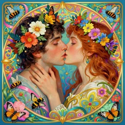adam and eve, intense eyes, embracing, kissing, vaporwave aesthetic, synthwave, colorful, psychedelic, garden of eden, crown, flowers, bees, butterflies, ribbons, ornate, intricate, digital painting, artstation, concept art, smooth, sharp focus, illustration, art by artgerm and greg rutkowski and alphonse mucha