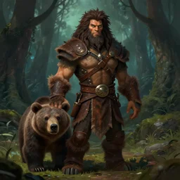 Full body Portrait of grown male Beast Master, with dark brown messy hair, taned skin, green eyes, leather hunting attire, companion bear, visible face, magical forest in the background, D&D, DND, extremely detailed, detailed face, modest, high fantasy, matte painting, by artgerm and Craig Mullins, James Jean and Clyde Caldwell, trending on artstation artstationHD, artstationHQ, cgsociety, HD 16K, octane