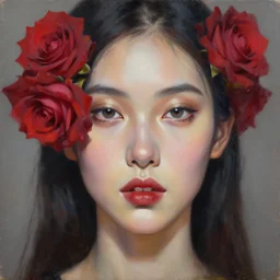 hyperrealism oil painting, fashion model portrait, eye roses