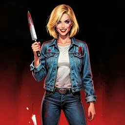 Rafael Albuquerque comic cover art, loish, artgerm, pretty female Alison Brie serial killer holding bloody knife, blood on clothes and face, sarcastic smile, symmetrical eyes, symmetrical face, full body, jean jacket, jeans, short blonde hair, middle shot, highly saturated, deep blacks