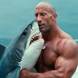 film still close up shot of dwayne johnson wrestling with a shark in the movie jaws. photographic, photography