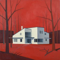 social modernist blockhouse estate in the midle of red, radioactive dead forest, painting, hard edge painting, acrylic paint