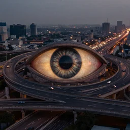 a still from elysium by ian mcque - multiple circular interconnected highway overpass interchange forming the symbol of an eye, dramatic lighting, evening above a 4 - lane highway, medium 7 0 mm lens, behance favourite, artstation trending, deviant art,