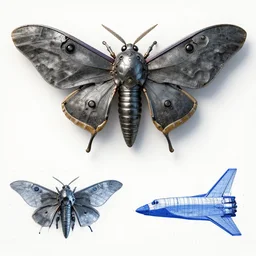 a mechanized atlas moth, gunmetal grey, orthographic view, top down view, bottom view, side view, blueprints, mecha, jet fighter, space shuttle, robotic, highly detailed, artstation, autodesk maya, super realistic, unreal engine