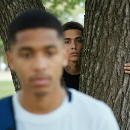 out of focus tyler the creator hiding behind a tree