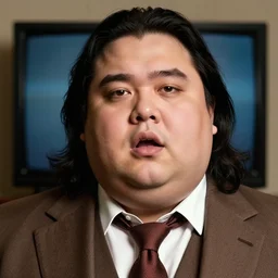 Close up portrait of a clean-shaven chubby man with long black hair wearing a brown suit and necktie with a television in the background. Photorealistic. Award winning. Dramatic lighting. Intricate details. UHD 8K. His mouth is open.