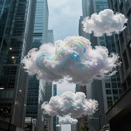 clouds of multi-colored glitter floated swirled in the narrow streets of a cyberpunk skyscraper city