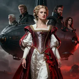 masterpiece concept art, a beautiful highly detailed sci - fi renaissance lady in airship, confident pose, cinematic moody colors, realistic shaded lighting poster by ilya kuvshinov, magali villeneuve, artgerm, jeremy lipkin and michael garmash and rob rey, 8 k, intricate detail, cinematic lighting, red white and black colors