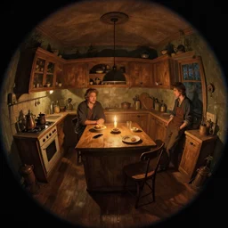 epic illustration fisheye lens of a wooden kitchen dim lit by 1 candle in a scenic environment by Anton Fadeev and Steve Purcel and Peter Chan