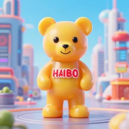 portrait of haribo bear in future city, color and shape focus, central composition, natural light, bloom, puff, by simon stalenhag and rene magritte and anton