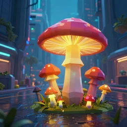 mushrooms, low poly cyberpunk city, wet roads, low camera angle, mushroom growing on the streets, mushrooms everywhere, so many mushrooms, colorful mushrooms, beautiful mushrooms, tall mushrooms, short mushrooms, medium mushrooms, glowing mushrooms, bright mushrooms, dark mushrooms, scary mushrooms, happy mushrooms