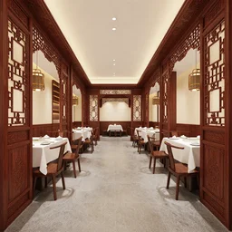 ornate chinese restaurant interior, two-point perspective