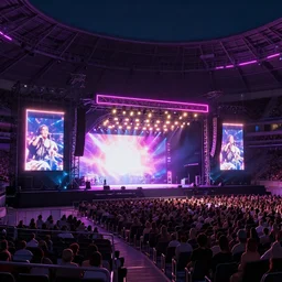 stage at a concert at a big arena. 3d render, octane render, neon lights