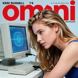 cable plugged in, side of head, keri russell, cyberdeck computer terminal, 1 9 7 9 omni magazine cover, style by vincent di fate, cyberpunk 2 0 7 7, very coherent, detailed, 4 k resolution, unreal engine, daz