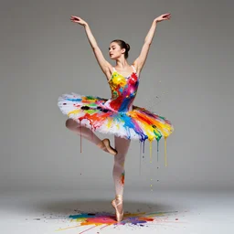 young beautiful white female model in ballet pose fully splashed in colorful beautiful bright paint, big drips of paint, clothes made of paint splashes. studio lighting, editorial fashion photography, from vogue magazine