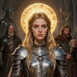 Elisha Cuthbert as a saint knight masterpiece, golden halo behind her head, by Edgar Maxence and Ross Tran, distaw Beksinski, and Michael Whelan, distant, gustav dore, H.R. Giger, 8k, octane render