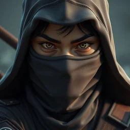 wide angle full body portrait shot of a ninja, highly detailed face, detailed eyes, alphonse mucha, rhads, ross tran, artstation, artgerm, octane render, 1 6 k