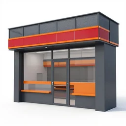 Award winning shopfront design, convenience store, dark grey, anthracite with bright red and orange accents, perforated metal, paint, laser cut textures, highly detailed, bright signage, vinyl on glazing, retaildesignblog.net, pinterest, coroflot, behance.net, trending, best of
