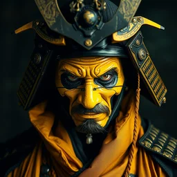 old samurai, cyberpunk, vibrant yellow colors, surreal, french baroque style by alexander mcqueen, hyper detailed, realistic cinematic, voigtlander photography portrait, black and white