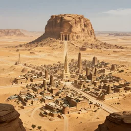vast sprawling desert city around a giant mesa temple epic fantasy cinematic concept art highly detailed