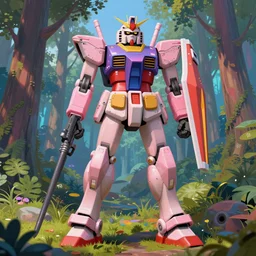 a painting of pink gundam mecha stands over the colorful forest 4 k unreal engine cg society by rene magritte