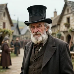 an old man that has a face wearing a suit and top hat in a medieval village, D&D, high detail, trending on artstation, 4k photorealistic, volumetric lighting, HD