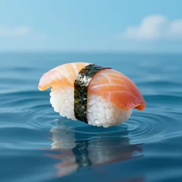 sushi floating in the middle of the sea