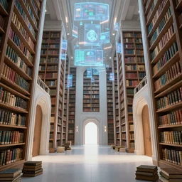 field of depth view, interior of expansive and alien library with tall bookshelves, hologram screens floating, futuristic high tech, science fiction, illustration, ancient tomes and relics, archways and doors looking like a movie photorealistic cinematic lighting, 8 k optane render, 3 d unreal engine, pristine and clean design