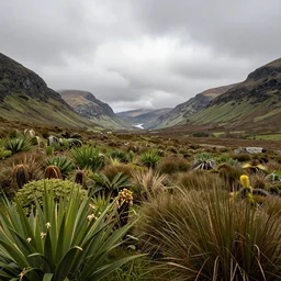 Scottish mountains with tropical plants, photograph, 8k