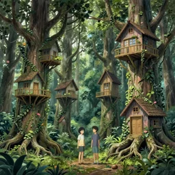 concept art painting of a forest with houses made of trees and roots, houses inside trees, vines, deep forest, realistic, detailed, cel shaded, in the style of makoto shinkai and greg rutkowski and james gurney