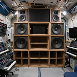 giant speaker system and music studio in the interior of an international space station. modular synthesizers. photorealistic 35mm 4k cgsociety