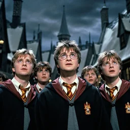 Men look up at the sky, frightened, Scenes from ”Harry Potter(2000)”