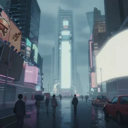 a film still of Times Square from Tekkonkinkreet by Ian McQue , muted colour, blues, cold, misty and wet, 50mm lens, video game environment design, 2d game lineart behance hd, dramatic lighting, global illumination, trending on Artstation, bloom