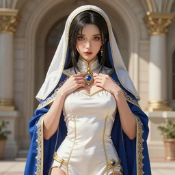 the portrait of neutral good colorful female cleric bard as absurdly beautiful, gorgeous, elegant, skinny gravure idol covering herself, an ultrafine hyperdetailed illustration by kim jung gi, intricate linework, sharp focus, bright colors, octopath traveler, final fantasy, unreal engine 5 highly rendered, global illumination, radiant light, detailed and intricate environment