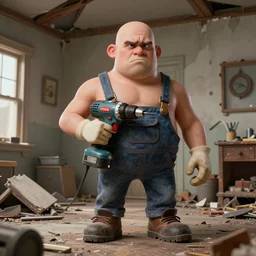 grumpy chunky bald handyman with powerdrill body appendages, in a wrecked home, full body, hyperrealistic digital art masterpiece, highly detailed neo pop surrealism, jason limon kay sage hannah yata, dramatic lighting, low angle, uhd 8 k, sharp focus