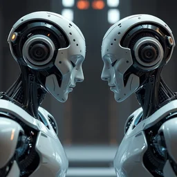 a concept art of two ai androids facing each other while their eyes are closed unreal engine 5 render