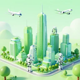 a green city, robots building a futuristic buildings, futuristic airplanes, trees and nature all around,