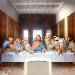painting of the last supper portrayed by cute cats