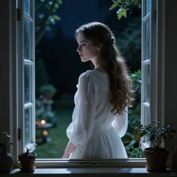 Halloween film, cinematic tones. Scene where a woman in white looking the garden through the window at midnight, focus her back