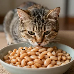photo of cat in cooked beans, 50mm, beautiful photo